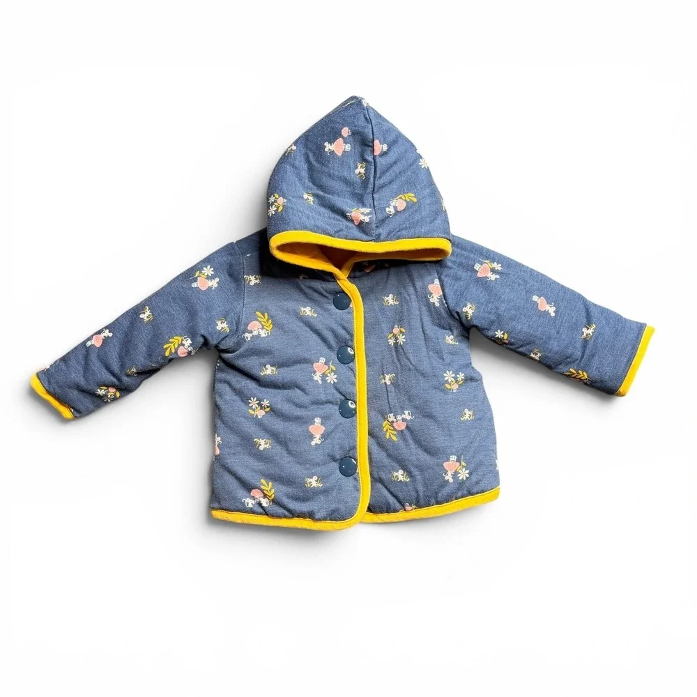 Wanderling Baby 0-3M Reversible Quilted Hooded Jacket Yellow Blue Floral FA22